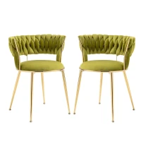 Ensemble de 2 chaises de salle à manger en tissu velours doux, style moderne avec dossier tressé et accoudoirs, Vert(m-2)