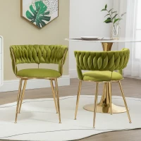 Ensemble de 2 chaises de salle à manger en tissu velours doux, style moderne avec dossier tressé et accoudoirs, Vert(m-1)