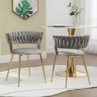 Juego de 2 Sillas de Comedor en Terciopelo Estilo Moderno con Respaldo Trenzado y Brazos Gris(m-10)