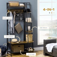 HOMCOM 4-w-1 Garderoba w stylu industrialnym, Ławka na buty, 5 półek, Półka na buty, Haczyki, 104 cm x 40 cm x 183 cm(m-4)