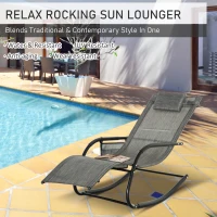 Outsunny Outdoor Garden Rocking Chair, Patio Sun Lounger Rocker Chair with Breathable Mesh Fabric, Removable Headrest Pillow, Armrest, Side Storage Bag, Dark Grey(m-4)
