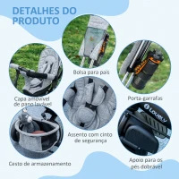 HOMCOM Triciclo para Bebés 2 em 1 de +12 Meses com Capota Dobrável Guiador Telescópico e Removível Bolsa e Porta-garrafas Cinza(m-7)