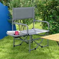 Outsunny Folding Directors Camping Chair, with Side Table - Grey(m-10)