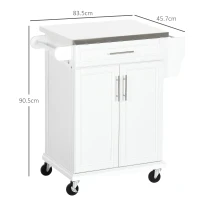 HOMCOM Wooden Kitchen Island on Wheels, Serving Cart Storage Trolley with Stainless Steel Top, Drawer, Side Handle and Rack, White(m-3)