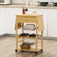 HOMCOM Küchenwagen mit 2 Aufbewahrungskörben, 2 Schubladen, ausziehbarer Tischplatte, 4 Rollen, Bambus, Gemüsehorde Natur(m-8)