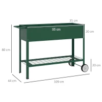 Outsunny Jardinieră Exterioară cu Raft Inferior pentru Unelte, Jardinieră Metalică cu 2 Roți și Mâner, 109x44x80 cm, Verde(m-3)