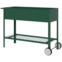 Outsunny Jardinieră Exterioară cu Raft Inferior pentru Unelte, Jardinieră Metalică cu 2 Roți și Mâner, 109x44x80 cm, Verde(m-10)