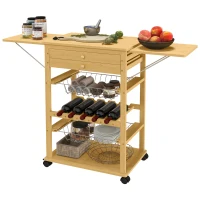 HOMCOM Küchenwagen mit 2 Aufbewahrungskörben, 2 Schubladen, ausziehbarer Tischplatte, 4 Rollen, Bambus, Gemüsehorde Natur(m-10)