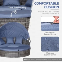 Outsunny PE Rattan Lounge Set - 5 Piece Patio Conversation Furniture Set, Garden Round Sofa Bed with Cushion and Retractable Canopy, Grey/Blue Grey(m-6)