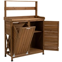 Outsunny Pflanztisch mit Schrank u. Abfallbehälter, wetterbeständig, Gärtnertisch, 102 cm x 43,5 cm x 152 cm, Braun(m-10)