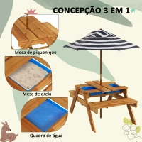 Outsunny Mesa de Piquenique para Crianças de Madeira Mesa e 2 Bancos Infantis com Chapéu de Sol e Caixa de Areia 89x80,5x42,5 cm Teca(m-4)