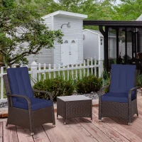 Outsunny 3 Pieces Rattan Bistro Set with Furniture Cover, Wicker Garden Furniture Set, Glass Top Coffee Table and Chairs with Cushions for Outdoor, Patio, Balcony, Dark Blue(m-10)