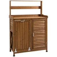 Outsunny Pflanztisch mit Schrank u. Abfallbehälter, wetterbeständig, Gärtnertisch, 102 cm x 43,5 cm x 152 cm, Braun(m-1)