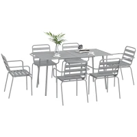 Outsunny Set de Masa de Gradina cu 7 Piese, Masa de Exterior si 6 Scaune Stivuibile, Masa cu Blat de Metal, Gri Deschis(m-1)