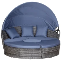 Outsunny PE Rattan Lounge Set - 5 Piece Patio Conversation Furniture Set, Garden Round Sofa Bed with Cushion and Retractable Canopy, Grey/Blue Grey(m-1)