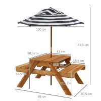 Outsunny Mesa de Piquenique para Crianças de Madeira Mesa e 2 Bancos Infantis com Chapéu de Sol e Caixa de Areia 89x80,5x42,5 cm Teca(m-3)