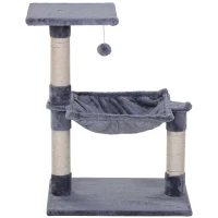 PawHut Copac de Zgâriere pentru Pisici, Jucărie pentru Pisici cu Hamac și Minge Atârnată din Lemn și Pluș, 50x36x70 cm, Gri(m-10)