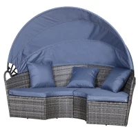 Outsunny PE Rattan Lounge Set - 5 Piece Patio Conversation Furniture Set, Garden Round Sofa Bed with Cushion and Retractable Canopy, Grey/Blue Grey(m-12)