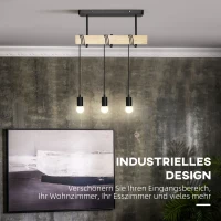 HOMCOM Lampa wisząca, lampa wisząca, 3-punktowa, regulowana wysokość, design przemysłowy, metal+drewno, czarny(m-4)