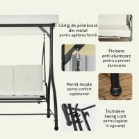 Outusunny Leagăn cu 3 Locuri de Grădină, Balansoar pentru Exterior cu Acoperiș Reglabil, din Oțel și Poliester, 195x117x175 cm, Crem(m-6)