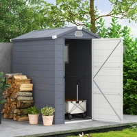 Outsunny IE Located 4 x 6ft Plastic Garden Storage Shed - Foundation Kit Included, Polypropylene Outdoor Storage Tool House with Ventilation Slots and Lockable Door, Grey(m-2)