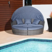 Outsunny PE Rattan Lounge Set - 5 Piece Patio Conversation Furniture Set, Garden Round Sofa Bed with Cushion and Retractable Canopy, Grey/Blue Grey(m-13)