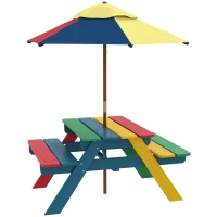 Outsunny Mesa de Piquenique para Crianças em Madeira com 2 Bancos e Chapéu de Sol Removível para Jardim 85,5x75x142,5 cm Multicolor(m-11)