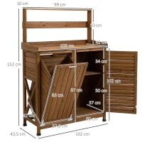 Outsunny Pflanztisch mit Schrank u. Abfallbehälter, wetterbeständig, Gärtnertisch, 102 cm x 43,5 cm x 152 cm, Braun(m-3)