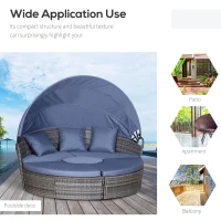 Outsunny PE Rattan Lounge Set - 5 Piece Patio Conversation Furniture Set, Garden Round Sofa Bed with Cushion and Retractable Canopy, Grey/Blue Grey(m-4)