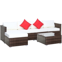 Outsunny 6 Pieces Outdoor Rattan Corner Sofa Set - Patio Aluminium Frame with All-Weather Wicker Conversation Furniture, Coffee Table & Cushions, Cream White