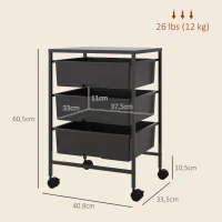 HOMCOM Carrinho Auxiliar com Rodas Carrinho de Cozinha de 3 Níveis com 3 Cestos e Estrutura de Aço 40,8x33,5x60,5 cm Preto(m-3)