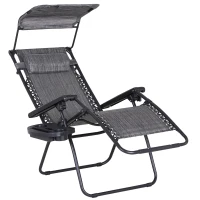 Outsunny Foldable Reclining Garden Chair with Headrest, Zero Gravity Deck Sun Lounger Seat with Footrest, Armrest, Cup Holder & Canopy Shade, Grey(m-11)
