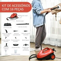 HOMCOM Máquina de Limpeza a Vapor 4 Bares Potência 2000W Multiusos Depósito 2L Autonomia 35 min com 16 Acessórios 40x24x27,2 cm Vermelho(m-4)