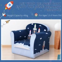 HOMCOM Children's Armchair Flannel Kids Sofa Tub Chair Cartoon Rocket Pattern Wooden Frame Bedroom Playroom Seater Blue(m-7)