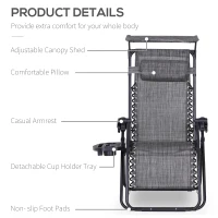Outsunny Foldable Reclining Garden Chair with Headrest, Zero Gravity Deck Sun Lounger Seat with Footrest, Armrest, Cup Holder & Canopy Shade, Grey(m-4)