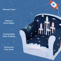 HOMCOM Children's Armchair Flannel Kids Sofa Tub Chair Cartoon Rocket Pattern Wooden Frame Bedroom Playroom Seater Blue(m-4)