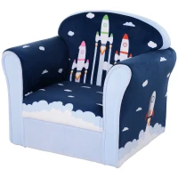 HOMCOM Children's Armchair Flannel Kids Sofa Tub Chair Cartoon Rocket Pattern Wooden Frame Bedroom Playroom Seater Blue(m-1)