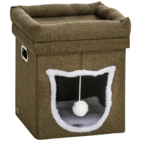 PawHut Cama Cueva para Gatos Caseta para Gatos con Rascador Cojín Suave Bola Colgante y Marco de Madera 39x39x42 cm Marrón(m-10)