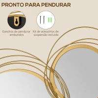 HOMCOM Decoração de Parede 3D de Espelhos Redondos 107x56cm Arte de Parede Decoração de Parede Metálica Dourado(m-5)
