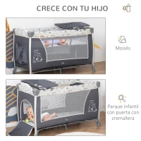 HOMCOM Cuna de Viaje Plegable para Bebes y Niños hasta 15 kg con 2 Ruedas y Bolsillo Lateral Cuna Portátil con Bolsa de transporte Parque de Juegos 124x66x77,5 cm Gris(m-5)