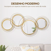 HOMCOM Decoração de Parede 3D de Espelhos Redondos 107x56cm Arte de Parede Decoração de Parede Metálica Dourado(m-4)