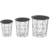 HOMCOM Juego de 3 Mesas Auxiliares Apilables Cestas de Metal con Bandeja Extraíble y Espacio de Almacenamiento Estilo Moderno para Salón Sofá Diámetro Ø43 Ø35 y Ø30 Gris(m-10)