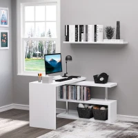 HOMCOM 360° Rotating L-Shaped Corner Computer Desk Home Office Writing Table Swivel Workstation with Storage Shelf, White(m-2)