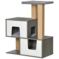 PawHut Árbol para Gatos de Madera Altura 93 cm con 2 Cuevas Cojines Extraíbles Plataformas Postes Rascadores de Yute Natural y Múltiples Entradas para Descansar 77x39x93 cm Gris(m-10)
