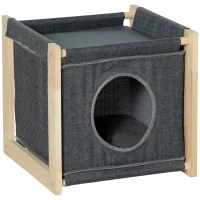 PawHut Cama Cueva para Gatos de Interior con Cojín Extraíble Rascador de Sisal y Marco de Madera 40x40x40,5 cm Gris(m-10)