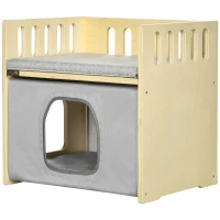 PawHut Cama para Gatos de Madera con Cueva para Gatos 2 Cojines y Cubierta de Tela Oxford Extraíble 48x38x47 cm Natural(m-10)