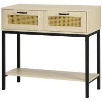 HOMCOM Mesa Consola Mueble Recibidor con 2 Cajones de Rejilla de Ratán Estante de Almacenaje Marco de Metal 90x35x82,5cm Roble(m-10)