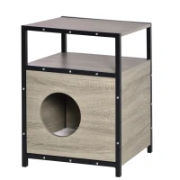 PawHut Casa para Gatos de Madera con Apariencia de Mesa Auxiliar Cueva con Cojín Extraíble Puerta con Orificio y Alfombrilla Rascadora 48x40x64,5 cm Roble Gris(m-10)