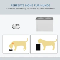 PawHut Stacja do karmienia zwierząt Podwyższone miski 1 Przechowywanie 2 Miski ze stali nierdzewnej, 60 x 30 x 42cm, Biało-Szary(m-7)