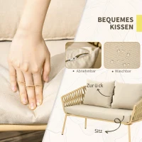 Outsunny Zestaw mebli ogrodowych, 4-częściowy, dekoracyjny design rattanowy, stolik z blatem szklanym, z poduszkami, odporny na warunki atmosferyczne, Khaki(m-5)